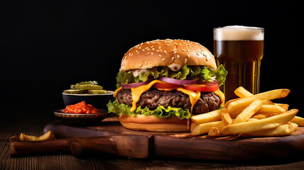 Complete hamburger on a wooden board and a beer. Black background - obrazy, fototapety, plakaty