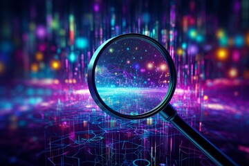 Generative AI image of magnifying glass with light to search data, in the style of dark teal and purple, multi-layered collage, selective focus, neon grids, gossamer fabrics, scientific diagrams,