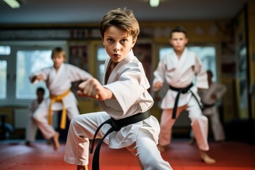 Generative AI image of A photograph of young athletes practicing their karate moves in a dojo, their dedication evident as they perform kicks and punches - obrazy, fototapety, plakaty