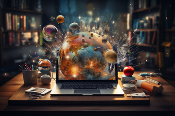 Edtech: Laptop on wooden desk with vibrant holographic projection of educational icons, representing advanced e-learning technologies