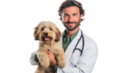 Doctor with dog for pet health checkup ontransparent background. - obrazy, fototapety, plakaty