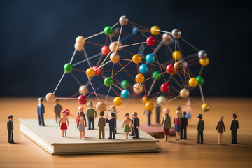 Miniature people before a 3D brain model, depicting neuroeducation and cognitive development through social interaction.