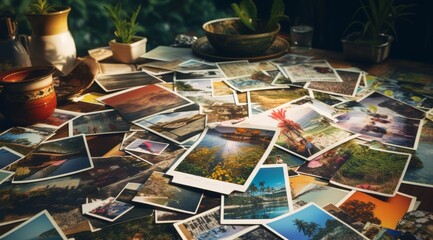 Generative AI image of a table has many photos that are piled on top of it, in the style of naturalistic landscape backgrounds, colorful imagery, travel, macro photography, stereotype photography, - obrazy, fototapety, plakaty