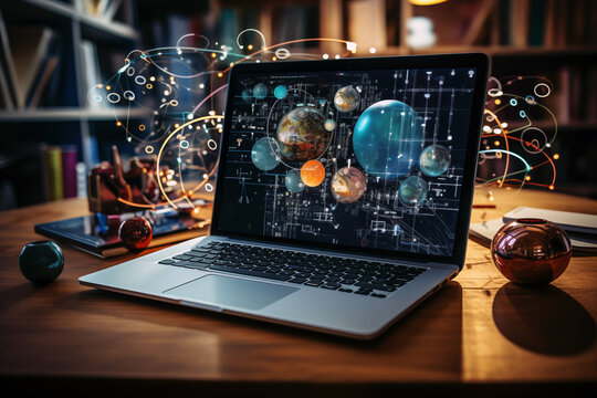 Edtech: Laptop on wooden desk with vibrant holographic projection of educational icons, representing advanced e-learning technologies