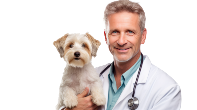 Doctor with dog for pet health checkup ontransparent background.