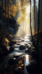 AI generated illustration of a stream flowing through a fantasy fall landscape