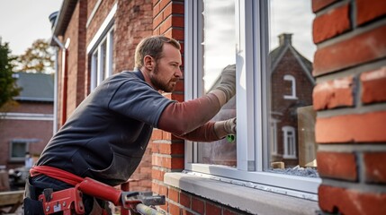 Professional worker installs new aluminum windows in red brick house - obrazy, fototapety, plakaty
