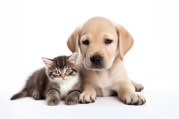 Kitten and puppy on white background