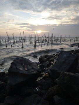 Sea view and large rocks in Pattani city in Thailand