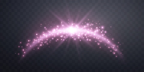 Pink magic arch with glowing particles, sunlight lens flare. Neon realistic energy flare arch. Abstract light effect on a black background. Vector illustration. © Elena