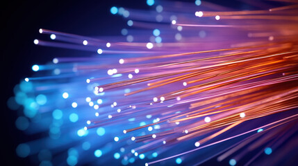 Extreme close-up on fiber optics cables with data transmission at high speed, communication and information transmission backgrounds