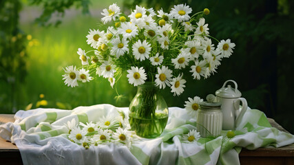 Bouquet of daisies in vase on wooden table outdoors