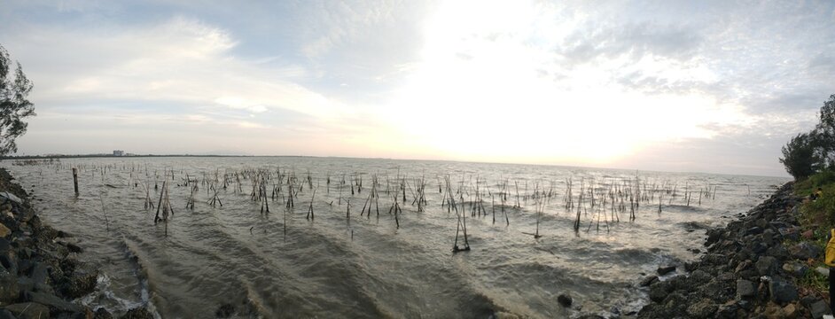 Sea view and large rocks in Pattani city in Thailand