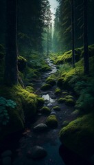 AI generated illustration of a stream flowing through a lush fantasy forest at night