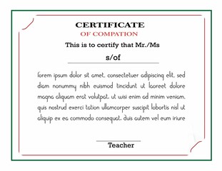 a certificate for the teacher with a red border and white writing - obrazy, fototapety, plakaty
