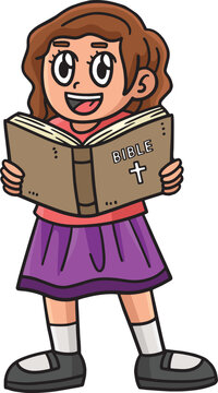 Christian Girl Reading the Bible Cartoon Clipart