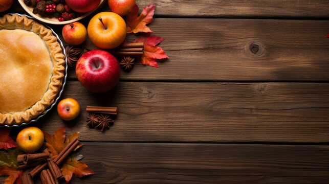Generative AI image of Assorted homemade autumn pies. Apple, pumpkin and pecan. Above view corner border on a rustic wood background with copy space.