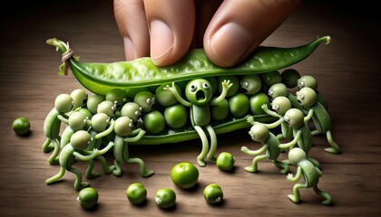 Animated peas in a pod exhibit fear as a giant hand reaches for them