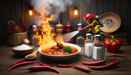 A miniature firefighter sprays water on a spicy chili bowl causing a flame burst