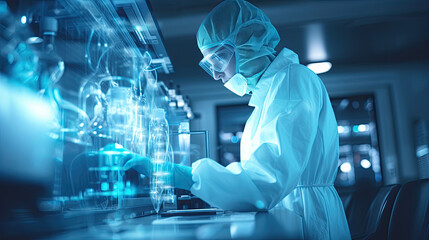 Innovative Research: Close-Up of a Masked Researcher in a Laboratory Developing Medicines and Vaccines