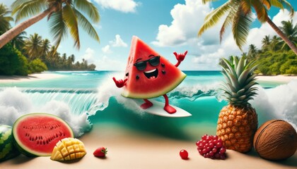 A cheerful anthropomorphic watermelon surfs the waves at a sunny tropical beach