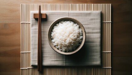 A simple and elegant display of a bowl of rice on a bamboo mat with chopsticks, symbolizing purity