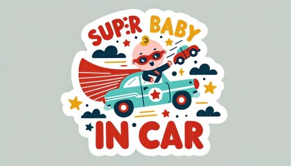 An animated super baby in a vehicle, heroically driving with a 'sup'r baby in car' sign