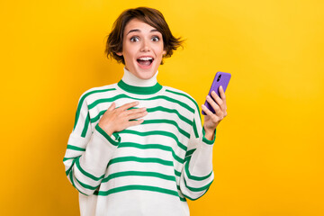 Photo of shocked impressed lady wear striped pullover communicating instagram twitter telegram...