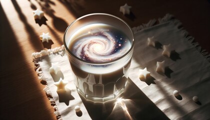 A whimsical representation of the galaxy in a glass of milk with cosmic visuals and stars around