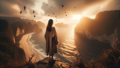 A solitary figure stands on a cliff watching the sunset over a serene beach, flanked by birds and hills