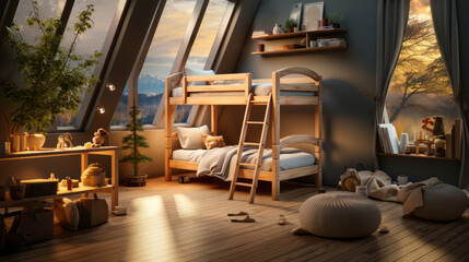 The children's bedroom has a cute, simple bunk bed. Stair safety railing design for upper bunk bed and a comfortable space below for playing or storing. Focusing on space-saving but comfortable design - obrazy, fototapety, plakaty