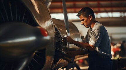 Airplane mechanic TS WS works to inspect airplane propellers in the hangar - obrazy, fototapety, plakaty