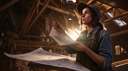 Behind the scenes, a female engineer on assignment is reviewing blueprints for renovating a house surrounded by a roof structure.