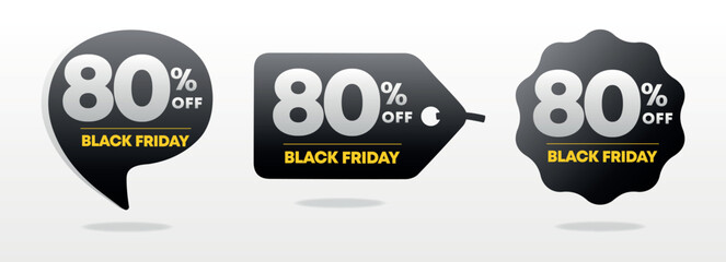 80% off. Special offer Black Friday sticker. Tag percent off price, value. Advertising for sales, promo, discount, shop. Campaign for retail, store. Icon, vector