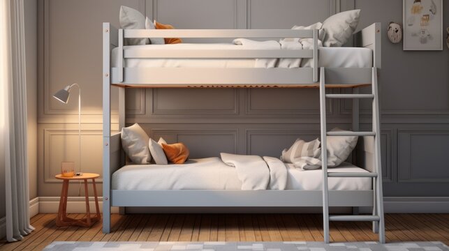The children's bedroom has a cute, simple bunk bed. Stair safety railing design for upper bunk bed and a comfortable space below for playing or storing. Focusing on space-saving but comfortable design