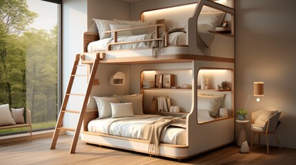 The children's bedroom has a cute, simple bunk bed. Stair safety railing design for upper bunk bed and a comfortable space below for playing or storing. Focusing on space-saving but comfortable design