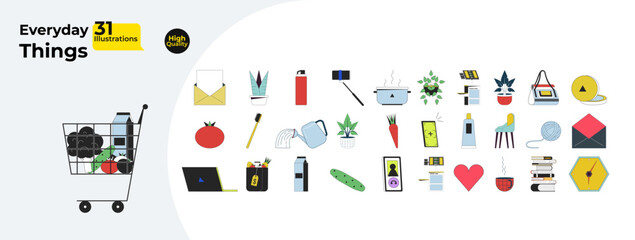 Domestic daily 2D linear cartoon objects bundle. Indoor plants, cosmetics, vegetables isolated line vector elements white background. Tools, accessories color flat spot illustration collection
