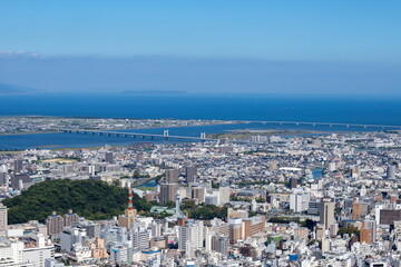 Fototapeta na wymiar Cityscape of tokushima city for yoshinogawa river , View from Mt. bizan ( tokushima city, tokushima, shikoku, japan )