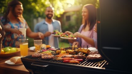 Generative AI image of close up shot Barbecue grill at backyard with friends