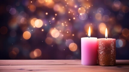 Candle light on wooden board with background bokeh fireworks