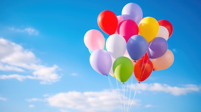 Colorful balloons float on the blue sky background