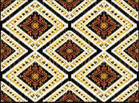 Tribal pattern ikat aztec art background orange yellow white ethnic abstract folk embroidery geometric shapes wallpaper background vector illustration print decorative design classical