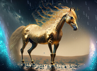 Dreamy benefactor golden horse with its mane blowing in the wind in a special fantasy setting. 