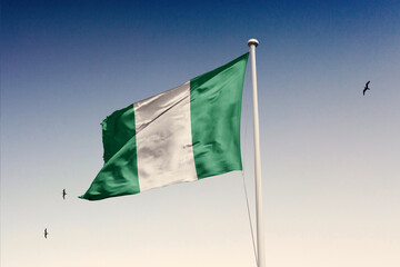 Nigeria flag fluttering in the wind on sky.