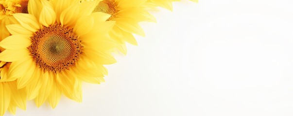 Generative AI image of a copy space banner of macro photo of sunflower blossom on a white background