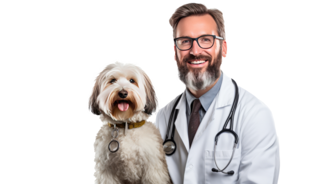 Doctor with dog for pet health checkup ontransparent background.