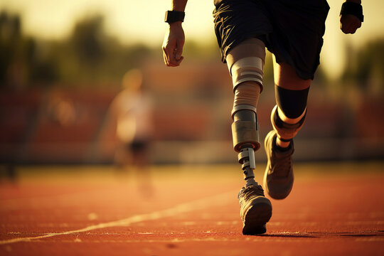 An athletic man with a prosthetic leg runs through the stadium in the warm sunset light. close-up