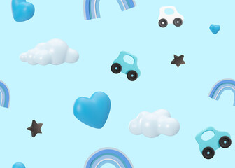 Blue seamless pattern with cars, hearts, clouds. Applicable for fabric print, textile, wallpaper, gifts wrapping paper. Repeatable texture. Modern style, pattern for boys bedding, clothes. 3D.
