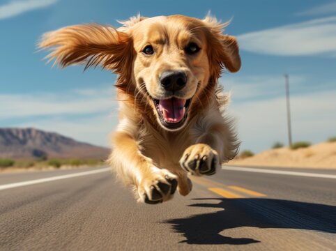Generative AI image of a dog on a road, in the style of joyful, travel, wimmelbilder, high speed sync, close up, iconic American, horizons 