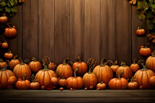 Generative AI image of a dozens of pumpkins with leaves on a wooden background